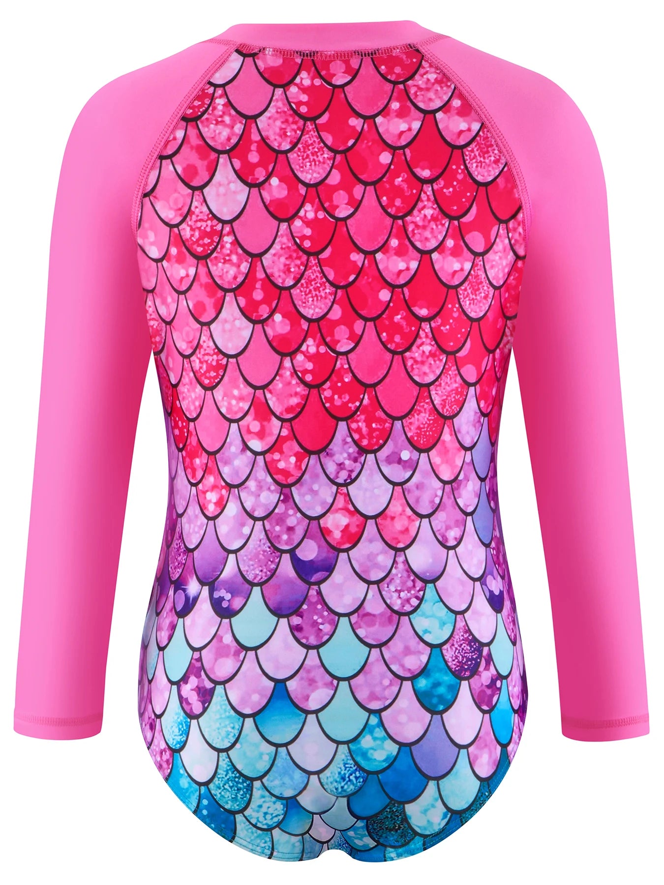 Kids Girls One-Piece Long Sleeve Scale Print Beach Rose Pink Bikini-Cut Bottom Swimwear