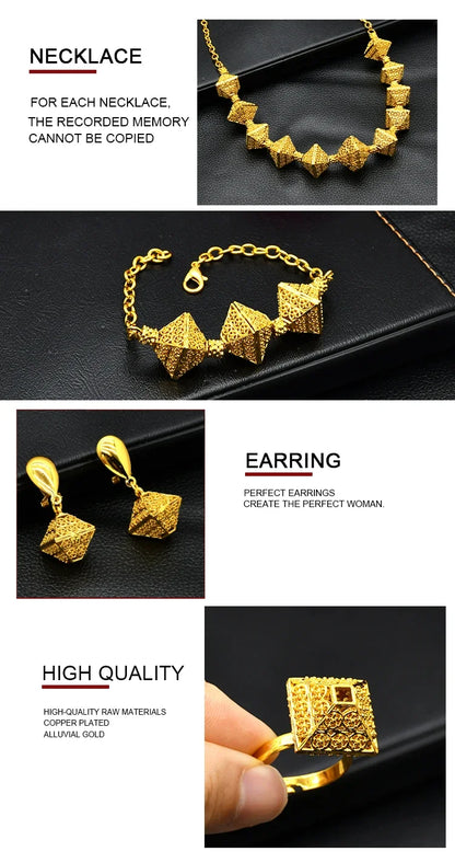 Fashion Indian 24K Gold Color Women African Wedding Dubai Necklace Earrings Bracelet Ring Jewelry Set
