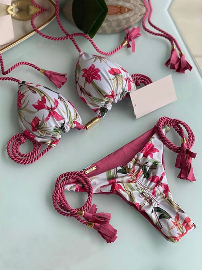 Women Low Waist Two Pieces Botanical-Print Braided Rope Bikini Swimsuit Beachwear Bathing Swimwear