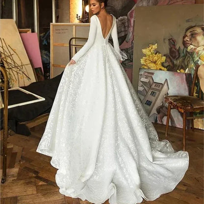 Boho Lace Robe V Neck Wedding Satin Long Sleeves Simple Bridal Dress Gown
