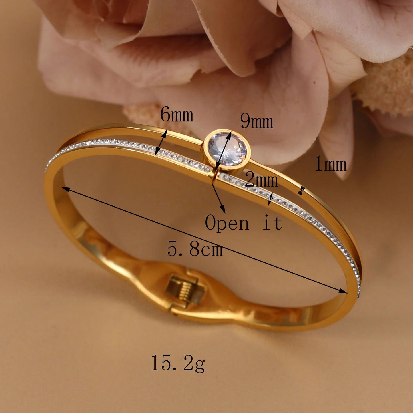 Women Beautiful Stainless Steel 18k Gold Color Bangle Crystal Design Charm Bracelet