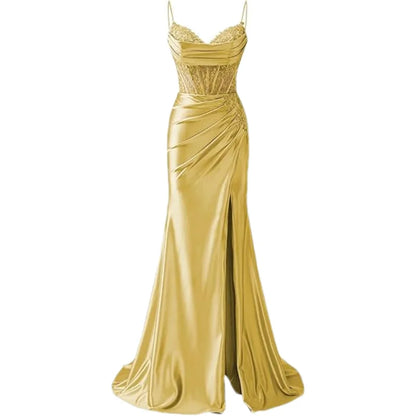 Lace Appliques Satin Prom Women w/ Slit Spaghetti Strap Backless Long Mermaid Evening Formal Dress Gown