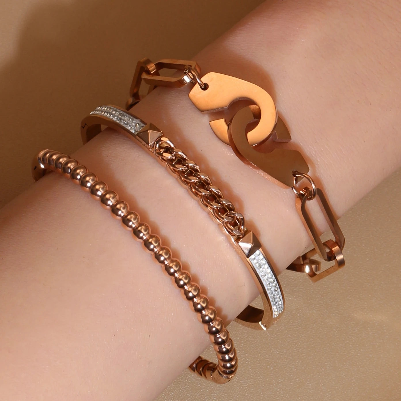 Women 18K Gold-Plated Stainless Steel Bead Open Bracelet Clasp Design Bangles Jewelry