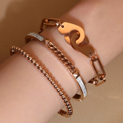 Women 18K Gold-Plated Stainless Steel Bead Open Bracelet Clasp Design Bangles Jewelry