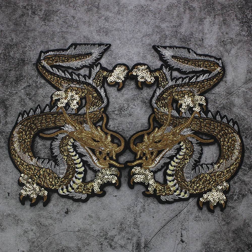 Embroidery Sequin Golden Dragon Patch Appliques Iron on Patches Badge Clothes Sewing