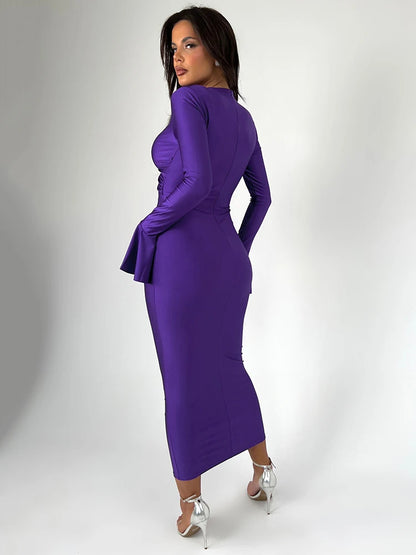 Women Hollow Out Maxi V Neck Long Flare Sleeve Bodycon Party Evening Dress