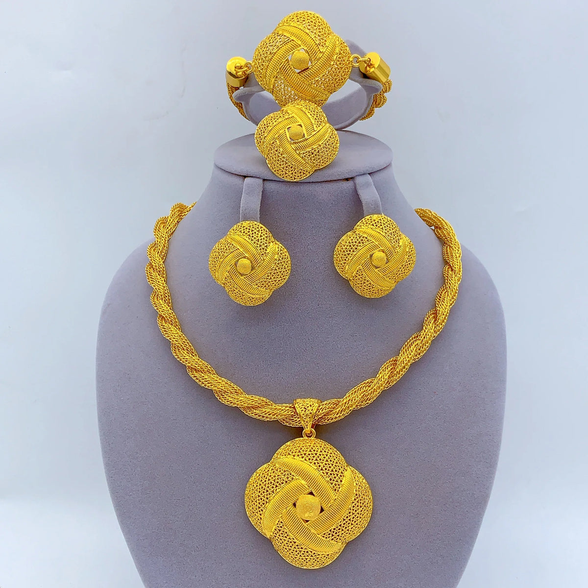 Dubai 24k Gold Color Women Ethiopian Indian Bridal Wedding Twisted Necklace Earrings Sets