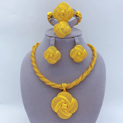 Dubai 24k Gold Color Women Ethiopian Indian Bridal Wedding Twisted Necklace Earrings Sets