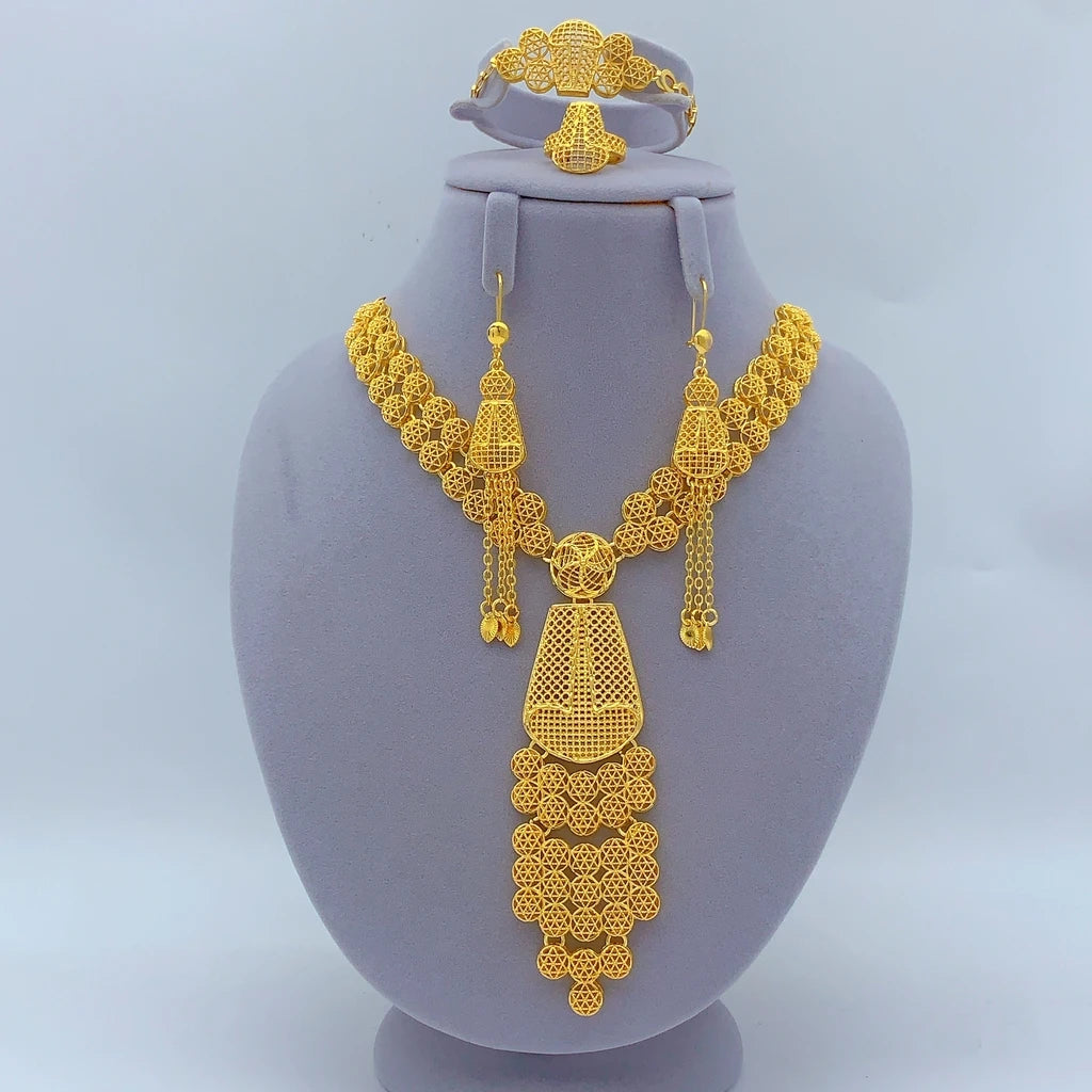 Italian 24K Gold Color Women Ethiopian Dubai Flower Wedding Necklace Bracelet Earring Ring Sets