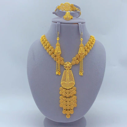 Italian 24K Gold Color Women Ethiopian Dubai Flower Wedding Necklace Bracelet Earring Ring Sets