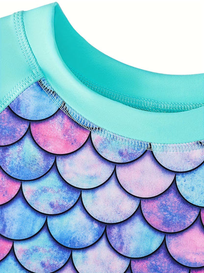 2pcs Kids Girls Short Sleeve Tops Swim Shorts Scale Print Patchwork Beach Bathing Swimwear