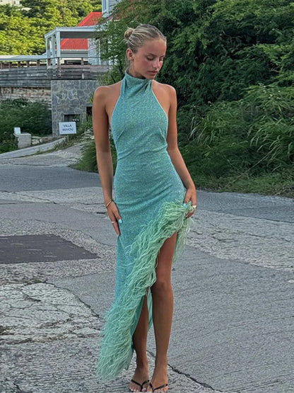 Sexy Slim Fit Patchwork Feather Irregular Hem Solid Color Shoulder Halter Backless Evening Dress