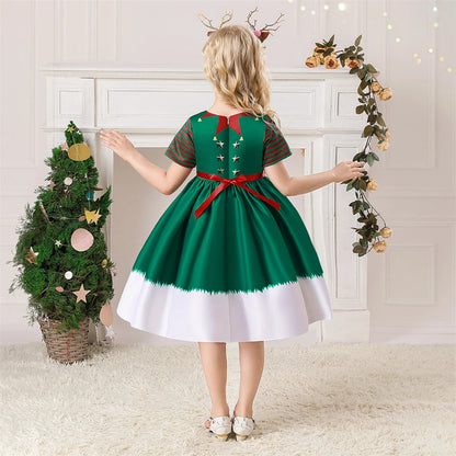 Girls Kids New Year Party Santa Claus Snowman Print Cosplay Costume Xmas Princess Theme Party Dress