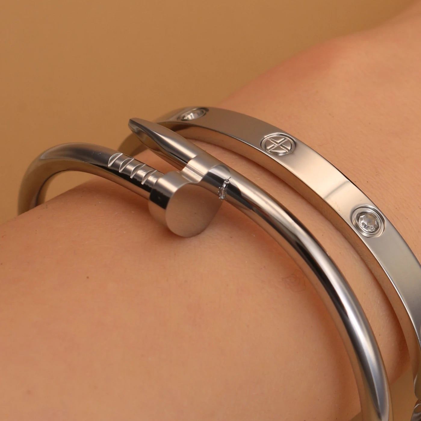 Women Heart Shaped Zircon Stainless Steel Gold Color 2-in-1 Bangles Bracelet Jewelry