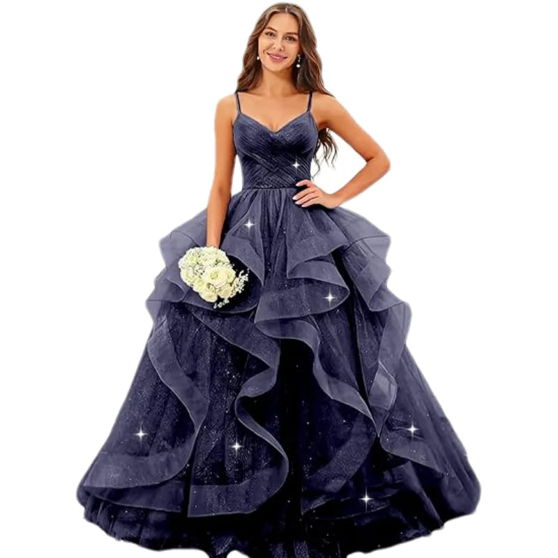 Sparkly Tulle Long Prom Spaghetti Straps Ball Glitter Tulle A-line Formal Evening Party Gown Dress