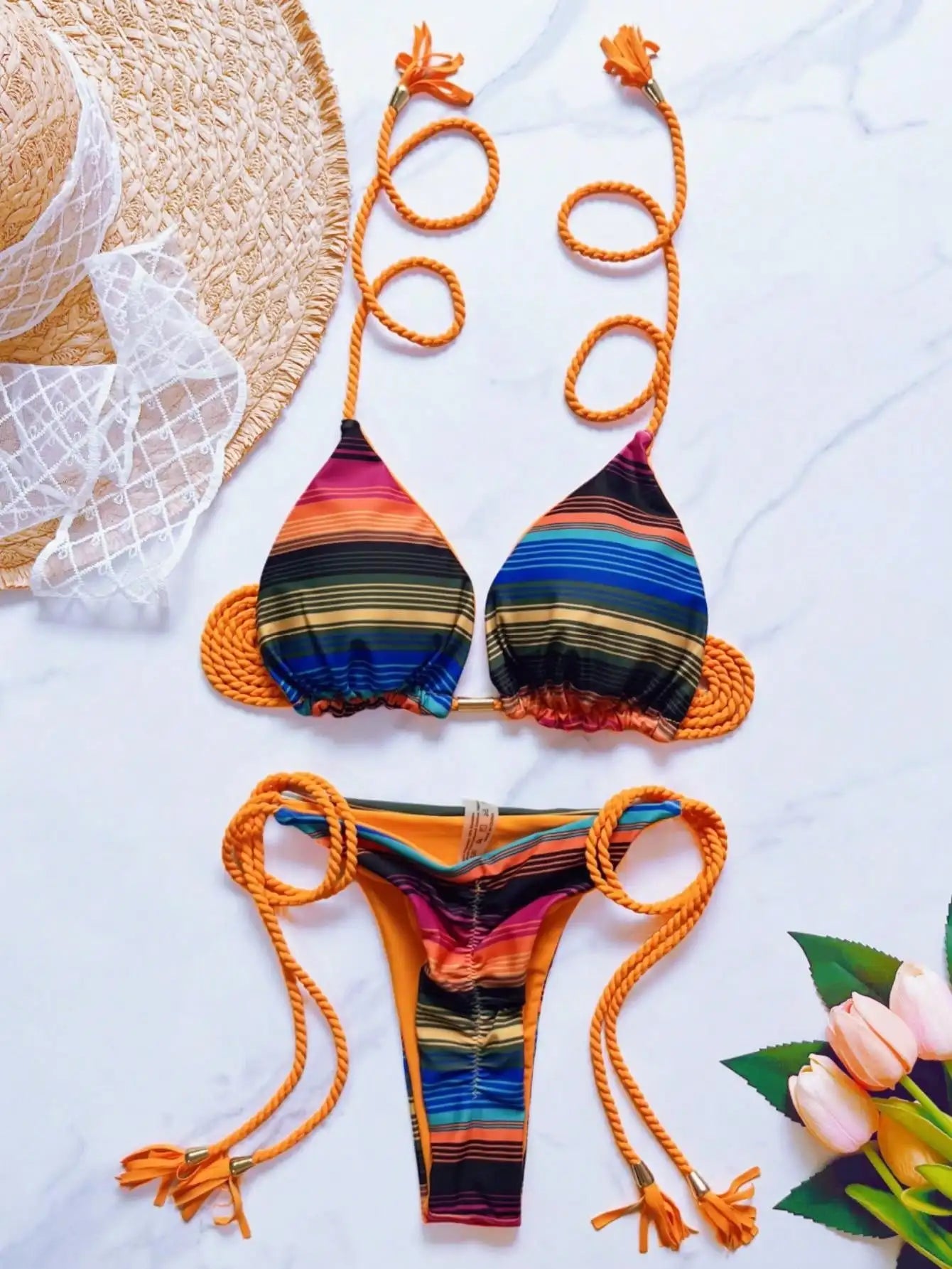 Sexy Leopard Print Women's Split Bikini Woven Rope Strap Fringe Two-Piece Swimsuit Bathing Suit