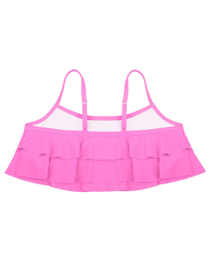 2pcs Kids Girl Sleeveless Pink Ruffle Crop Tops Scale Print Swim Briefs Swimming Suit