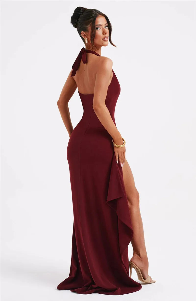 Women Deep V Neck Thigh High Split Maxi Halter Sleeveless Backless Bodycon Party Long Dress