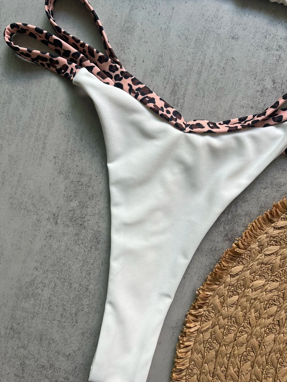 Women Push Up Bra Hollow Out White Leopard Print Patchwork Micro Bikini Thong Swimsuit Beach Bathing Suit