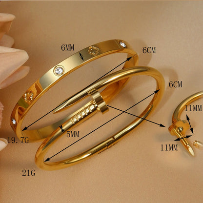 Women Heart Shaped Zircon Stainless Steel Gold Color 2-in-1 Bangles Bracelet Jewelry