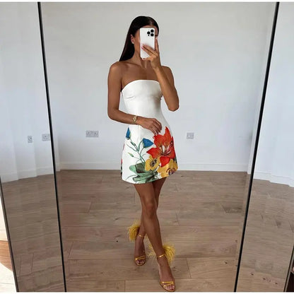 Sexy Off Shoulder Backless Bodycon Strapless Print High Waist Mini Party Dress