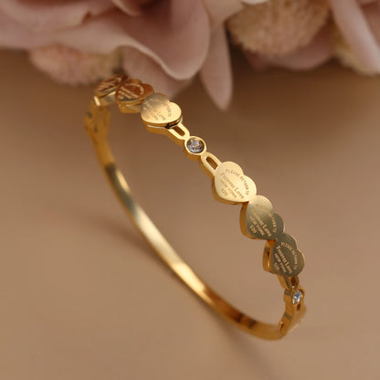 Delicate Stainless Steel Gold Color Peach Heart Crystal Design Charm Bangle Bracelet