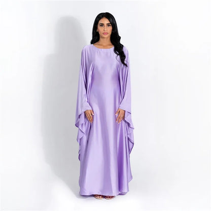 Women Satin Cloak Long Sleeve Loose Kaftan Fashion O Neck Long Dress