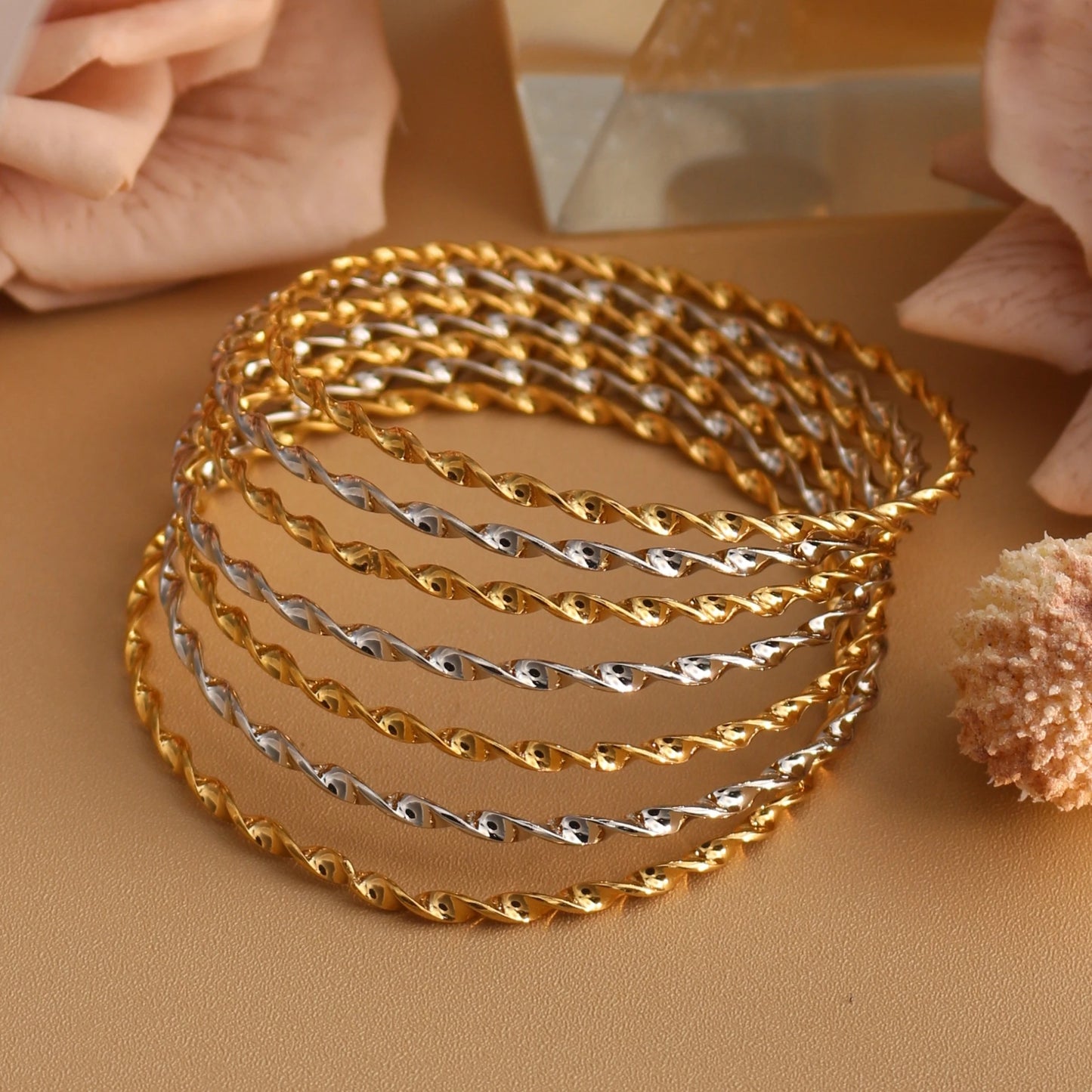 7pcs Stacking Bangle Design Roman Style Stainless Steel Gold Color Bracelet Gifts