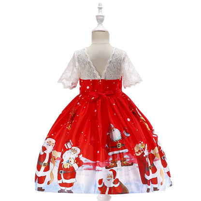 Kids Girls Princess Cartoon Santa Claus Snowflake Costume Xmas Party Print Dress