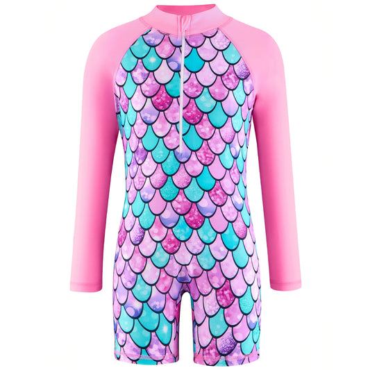 Kids Girls Pink One Piece Long Raglan Sleeve Scale Print Beach Boyleg Shorts Swimsuit Suit