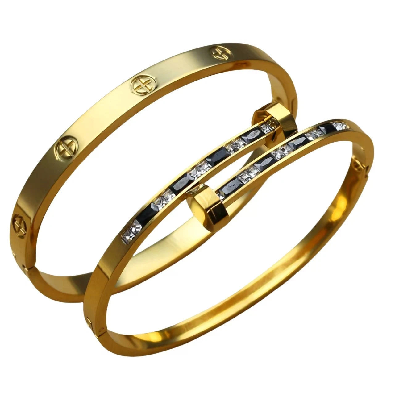 Fashion Cross Crystal Design Stainless Steel Gold Color Stacking Bracelet Bangle