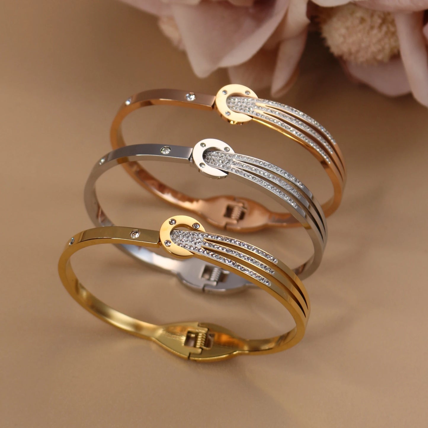 Women 18k Gold Plated Crystal Hollow Open Stainless Steel Bracelet