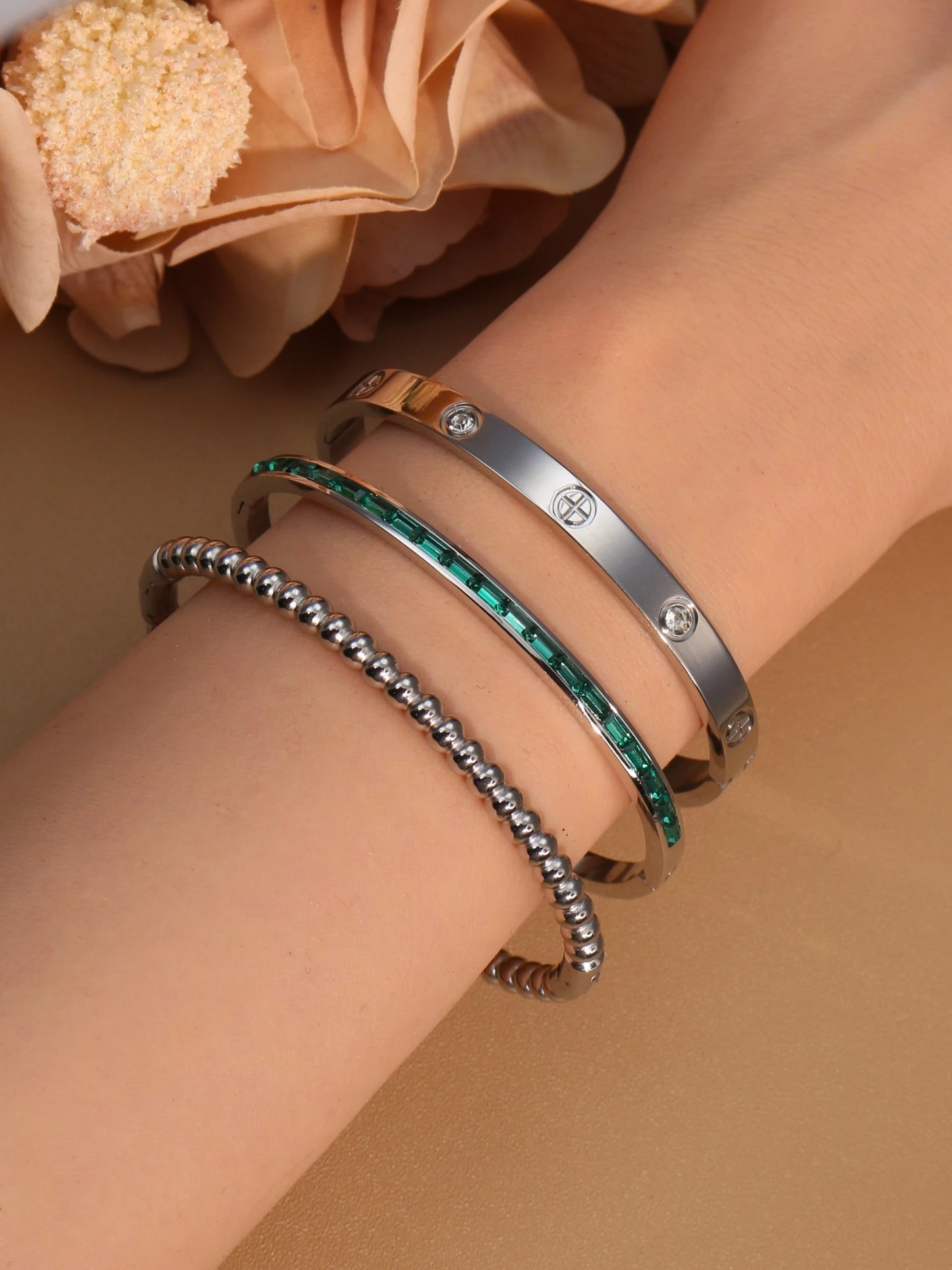 Women 18k Gold Plated Stainless Steel Green Zircon Bangles Bracelet Set Gift.