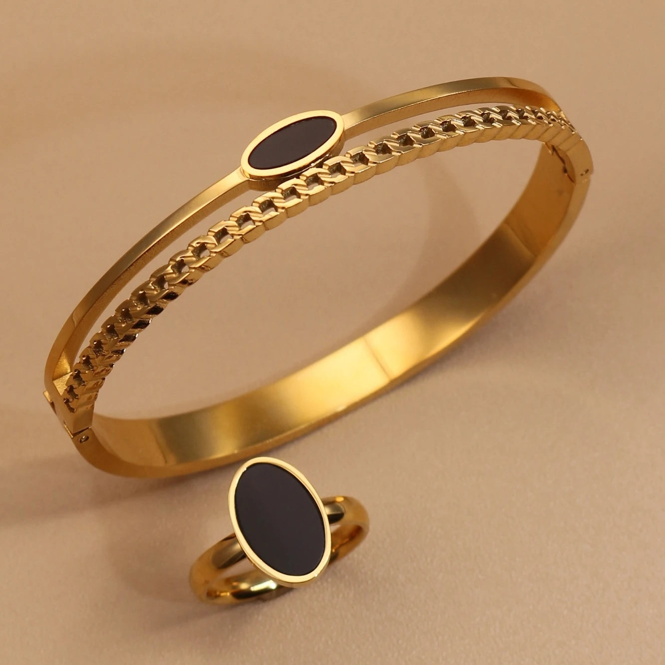 Luxury 2-In-1 Wedding Gold Black Acrylic Stainless Steel Ring Bangles Set