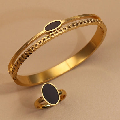 Luxury 2-In-1 Wedding Gold Black Acrylic Stainless Steel Ring Bangles Set