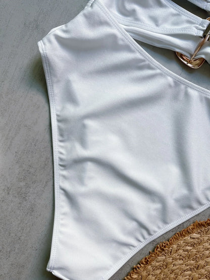 Sexy Metal Rings Cut Out Swimwear One Piece Swimsuit Bandeau High Leg Cut Bather Bathing Suit