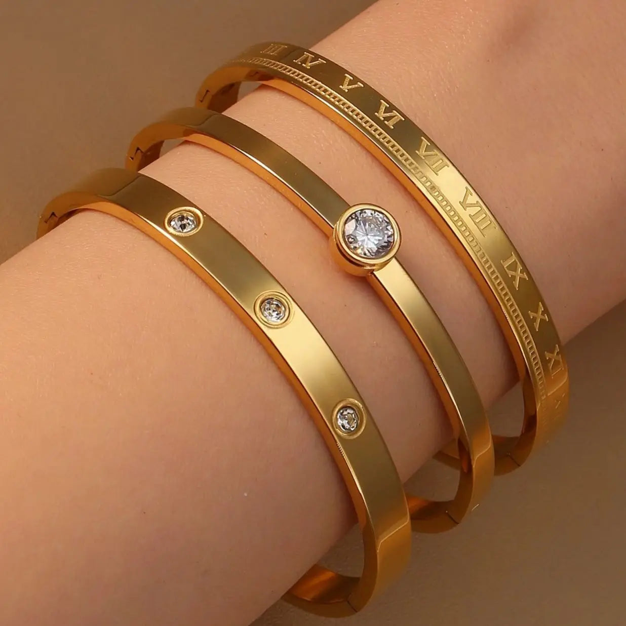 Women Roman Numeral 18k Gold Color Stainless Steel Zircon Bracelet Bangles
