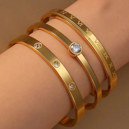 Women Roman Numeral 18k Gold Color Stainless Steel Zircon Bracelet Bangles