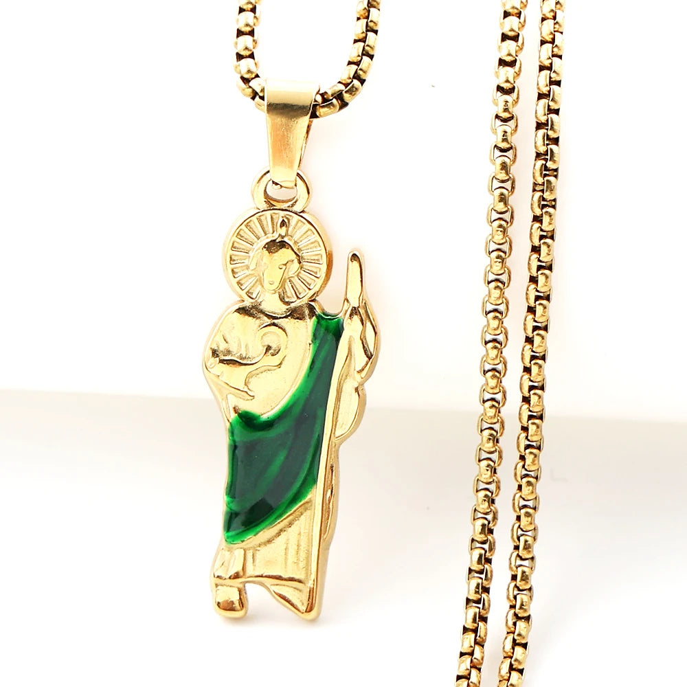 Women Men Stainless Steel Gold Color St. Jude Religious San Judas Tadeo Pendant Necklace