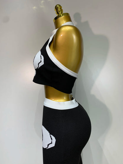 Sexy Halter Backless Two Pieces Bandage Nightclub Party Birthday Evening Dress