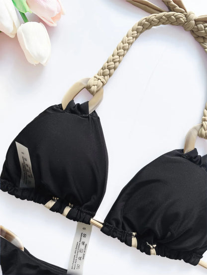 women Halter micro bikini ring Weave triangle swimsuit Brazilian bathing two pieces suit