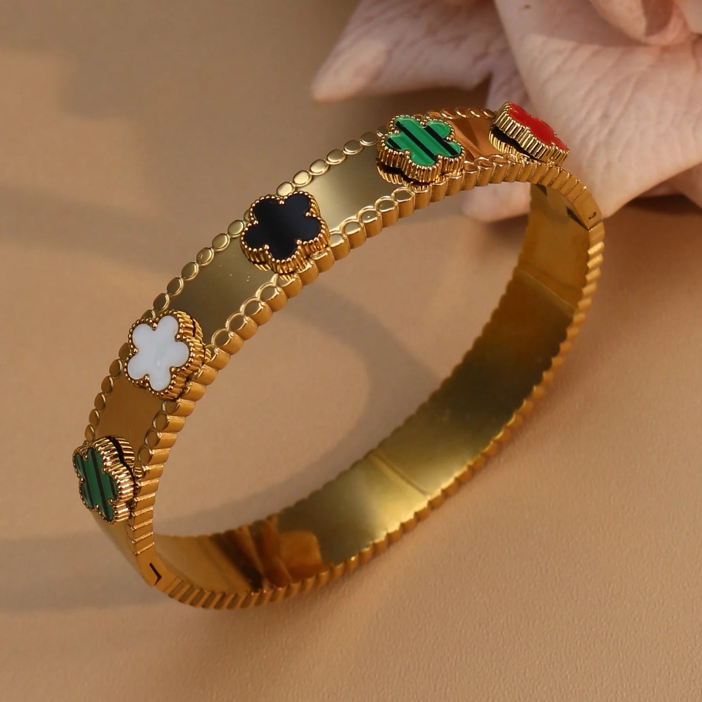 Women Acrylic Flower Shape Stainless Steel 18k Gold Color Bracelet Bangles