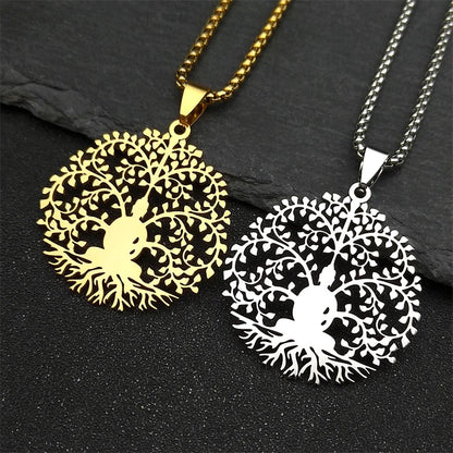 Men Women Tree of Life Buddhism Meditation Stainless Steel Gold Color Chain Necklace
