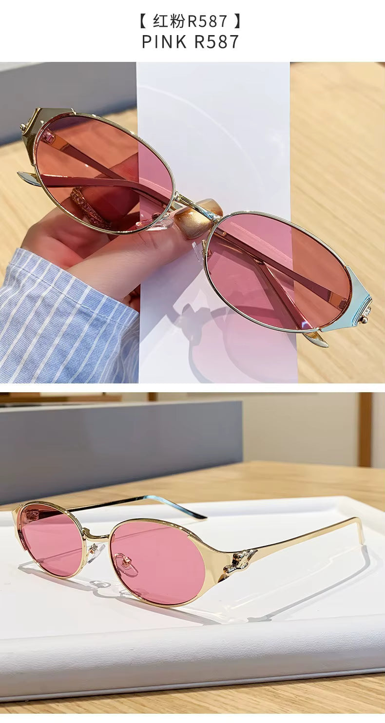 Women Metal Frame Oval Shades Fashion Designer Sunglasses Glasses