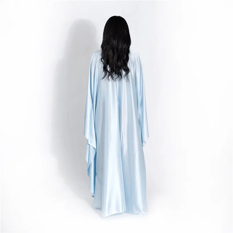 Women Satin Cloak Long Sleeve Loose Kaftan Fashion O Neck Long Dress