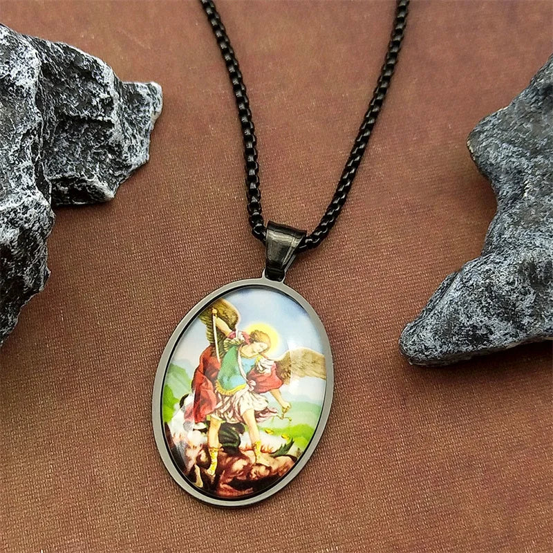 Women Men Stainless Steel Gold Color Christian Amulet SAINT MICHAEL PROTECT US Archangel Glass Medal Pendant Necklace