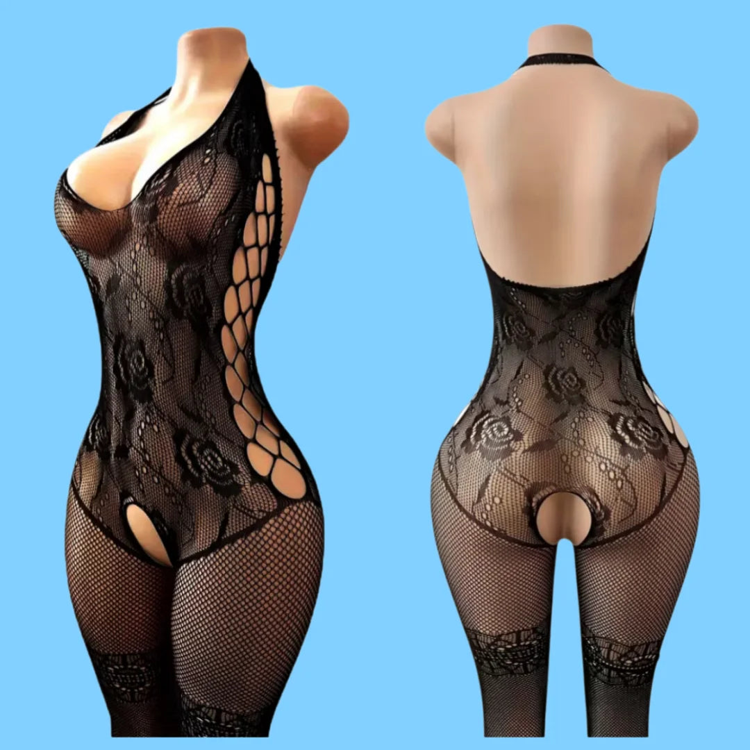 Side Cutout Sexy Fishnet Open Crotch Bodystocking See Through Nightwear Lingerie Bodysuit