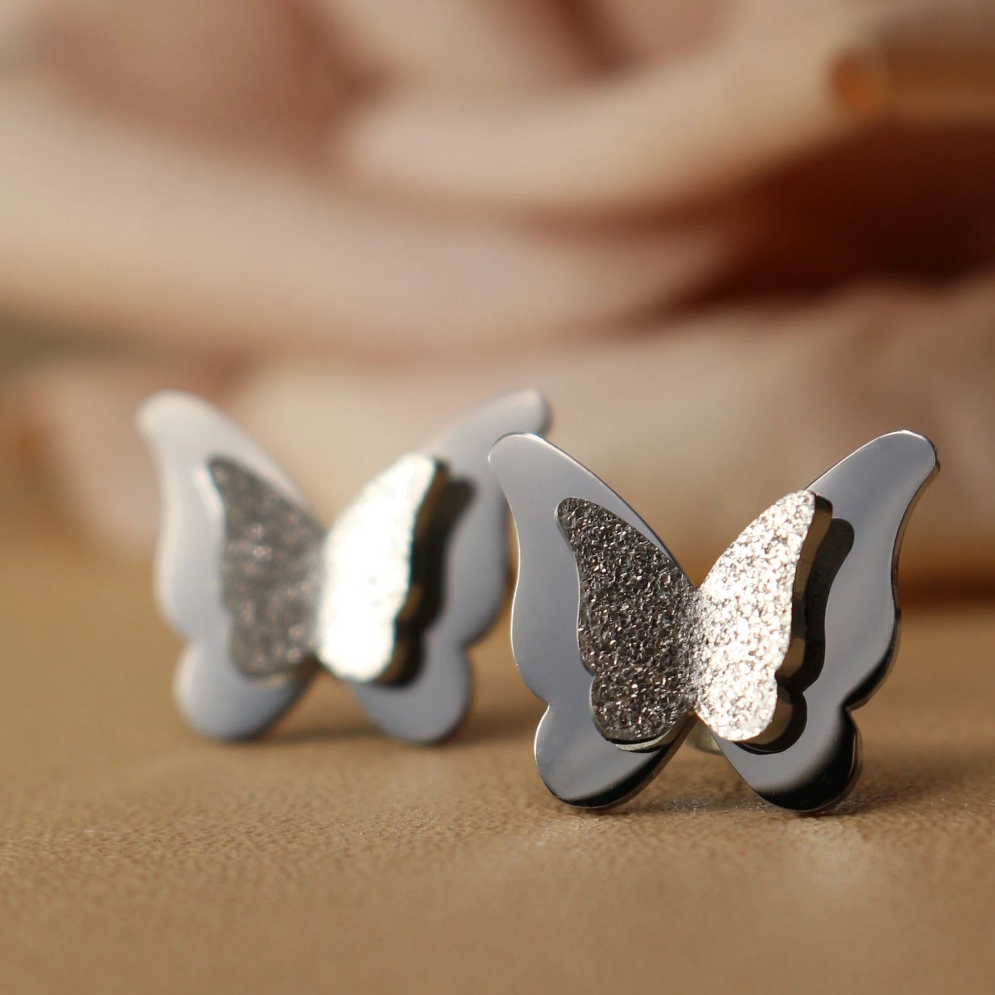 Sweet Romantic Gold Color Three-Dimensional Butterfly Design Stainless Steel Stud Earrings