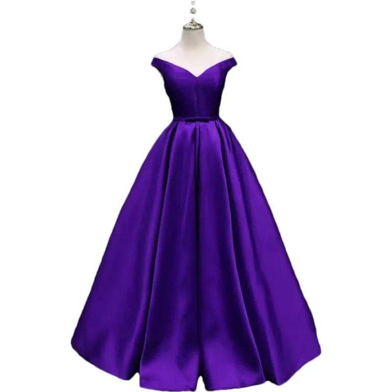 Off-Shoulder A-Line Satin Formal Women Prom Long Evening Party Gown Dress w/ Pockets