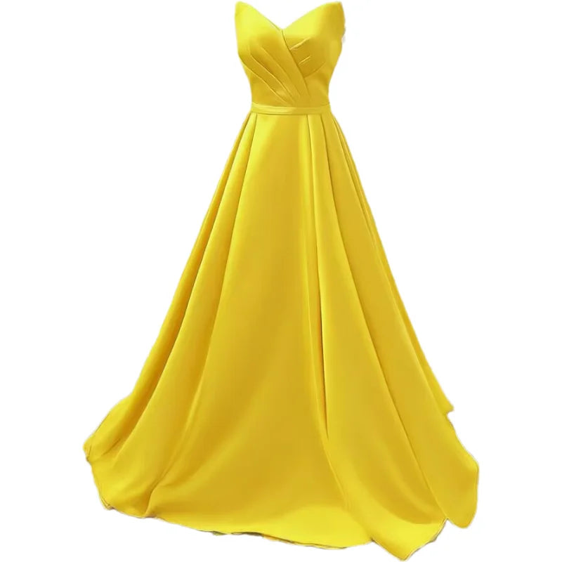 Women Strapless Simple Satin A Line Evening Party Formal Gown Corset Pleat Sweetheart Long Prom Dress w/Pocket